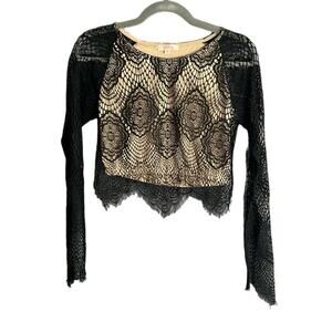 Luxxel Black Lace Cropped Top With Nude Lining and Long Sleeves Size Medium